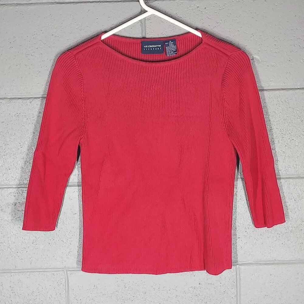 Liz Claiborne Red Cotton 3/4 Sleeve Ribbed Top - Medium